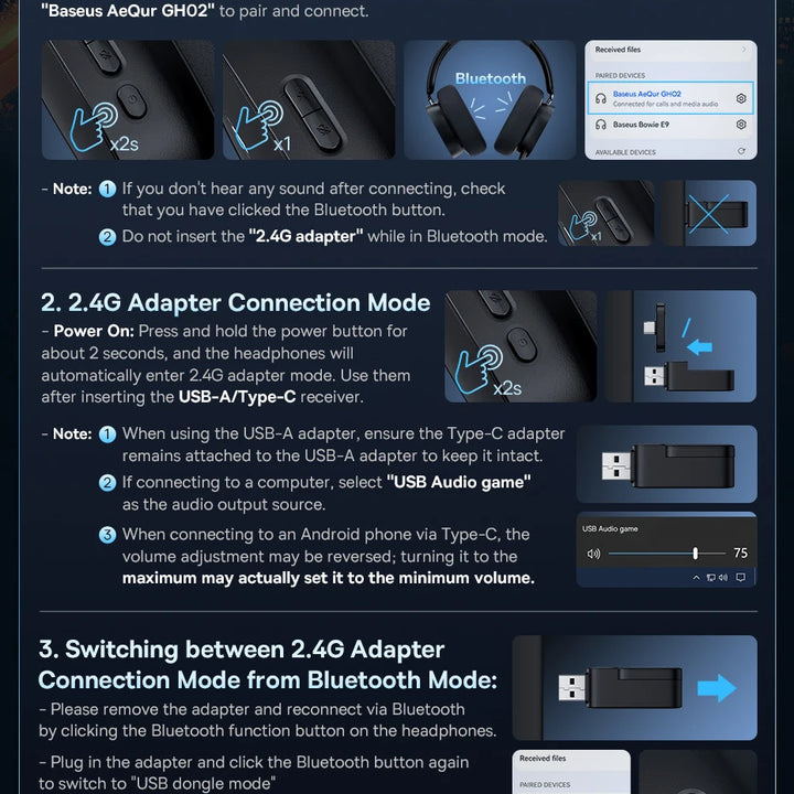 Baseus GH02 Gaming Wireless Headphone with Mic Over-Ear Headphones Bluetooth 5.3 40mm Driver 2.4G/Wireless/Cable RGB Headsets